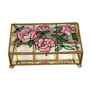 Vintage Stained Glass Jewelry Trinket Box Pink Rose Floral Brass